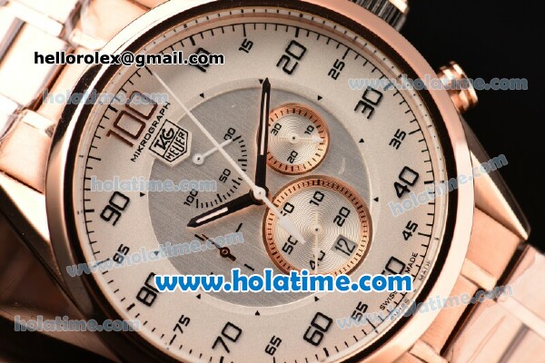 Tag Heuer Mikrograph Chrono Miyota OS10 Quartz Full Rose Gold with White/Grey Dial and Arabic Numeral Markers - Click Image to Close